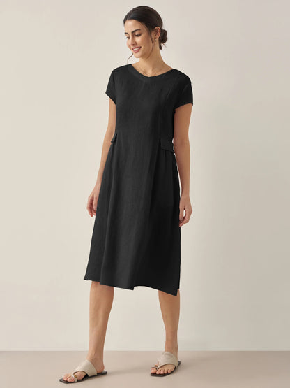 100% Linen Natural Summer V-Neck Dress ALEXA by LINTICO
