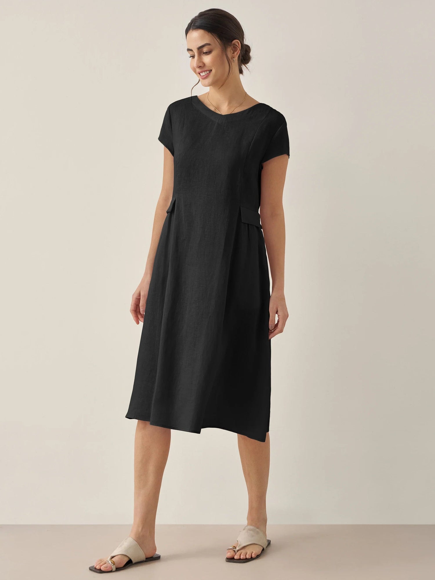100% Linen Natural Summer V-Neck Dress ALEXA  DestGlow