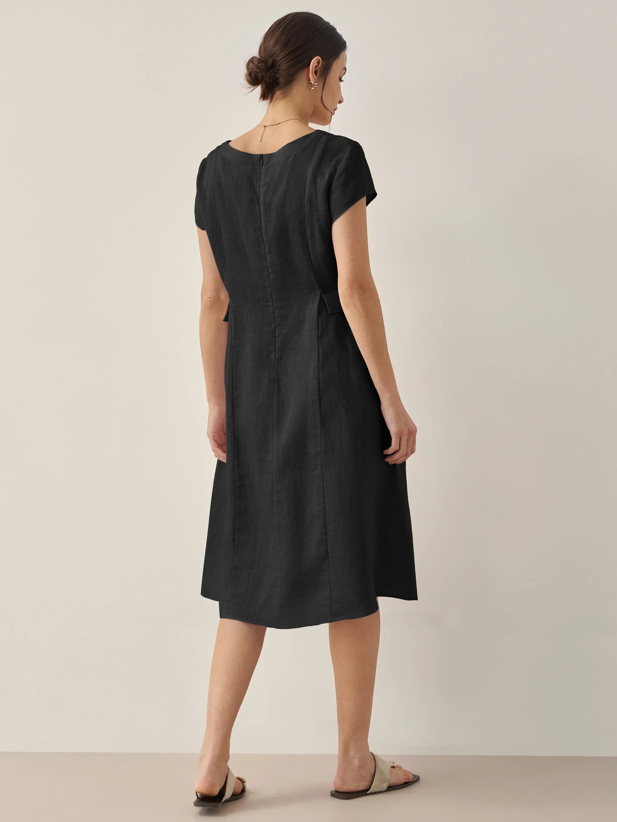 100% Linen Natural Summer V-Neck Dress ALEXA by LINTICO