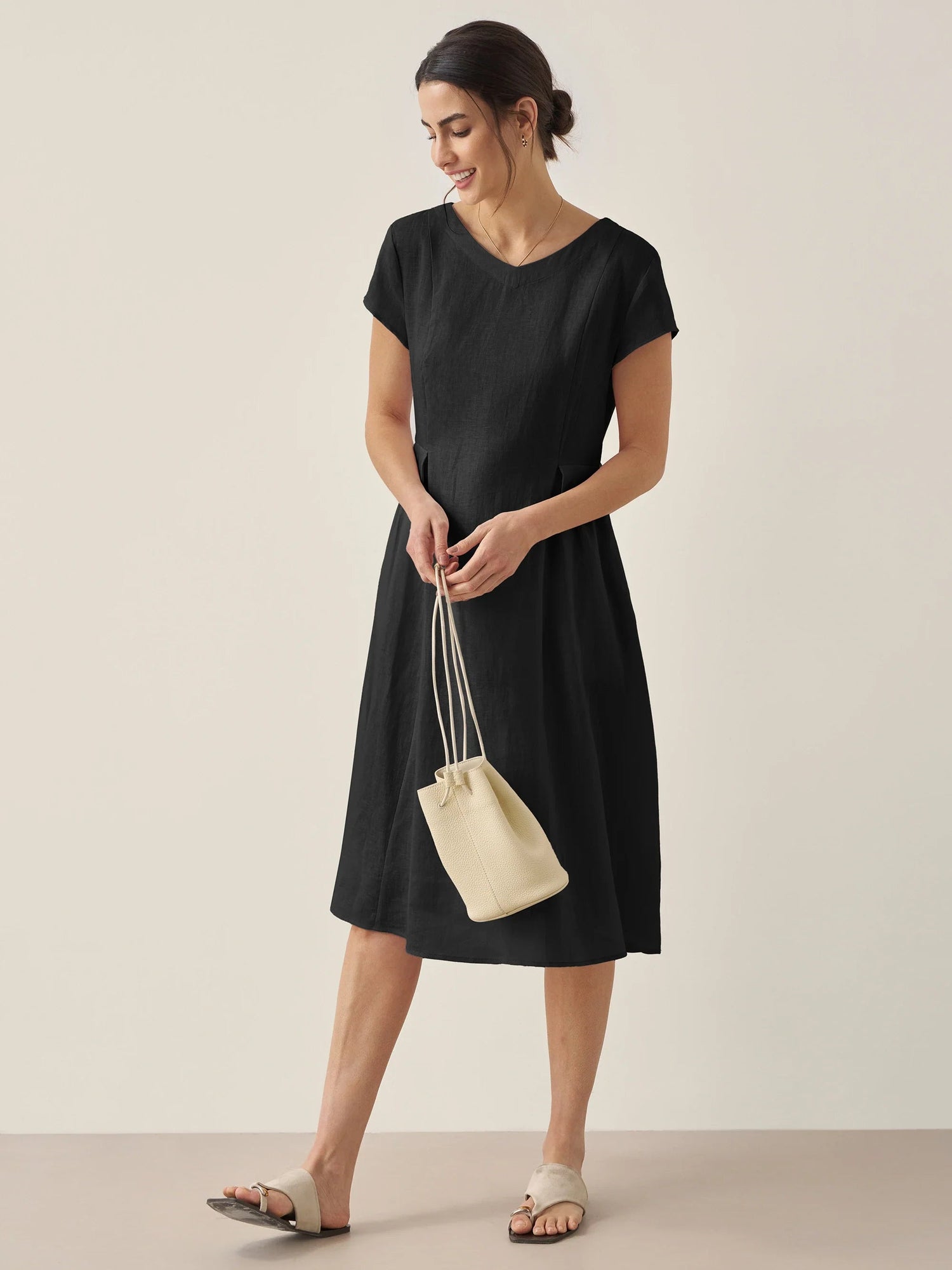 100% Linen Natural Summer V-Neck Dress ALEXA  DestGlow
