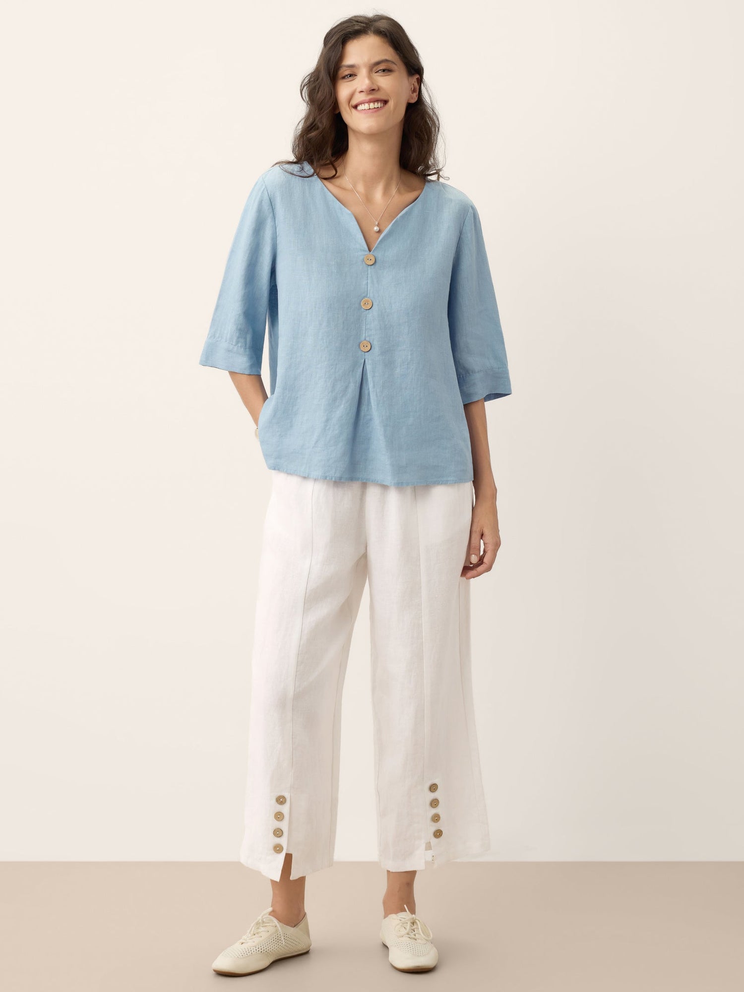 100% Linen Split Neck Inverted Pleat Top TABITHA by LINTICO