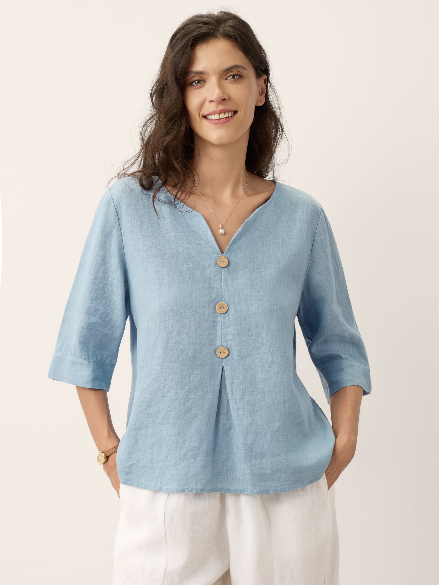 100% Linen Split Neck Inverted Pleat Top TABITHA by LINTICO