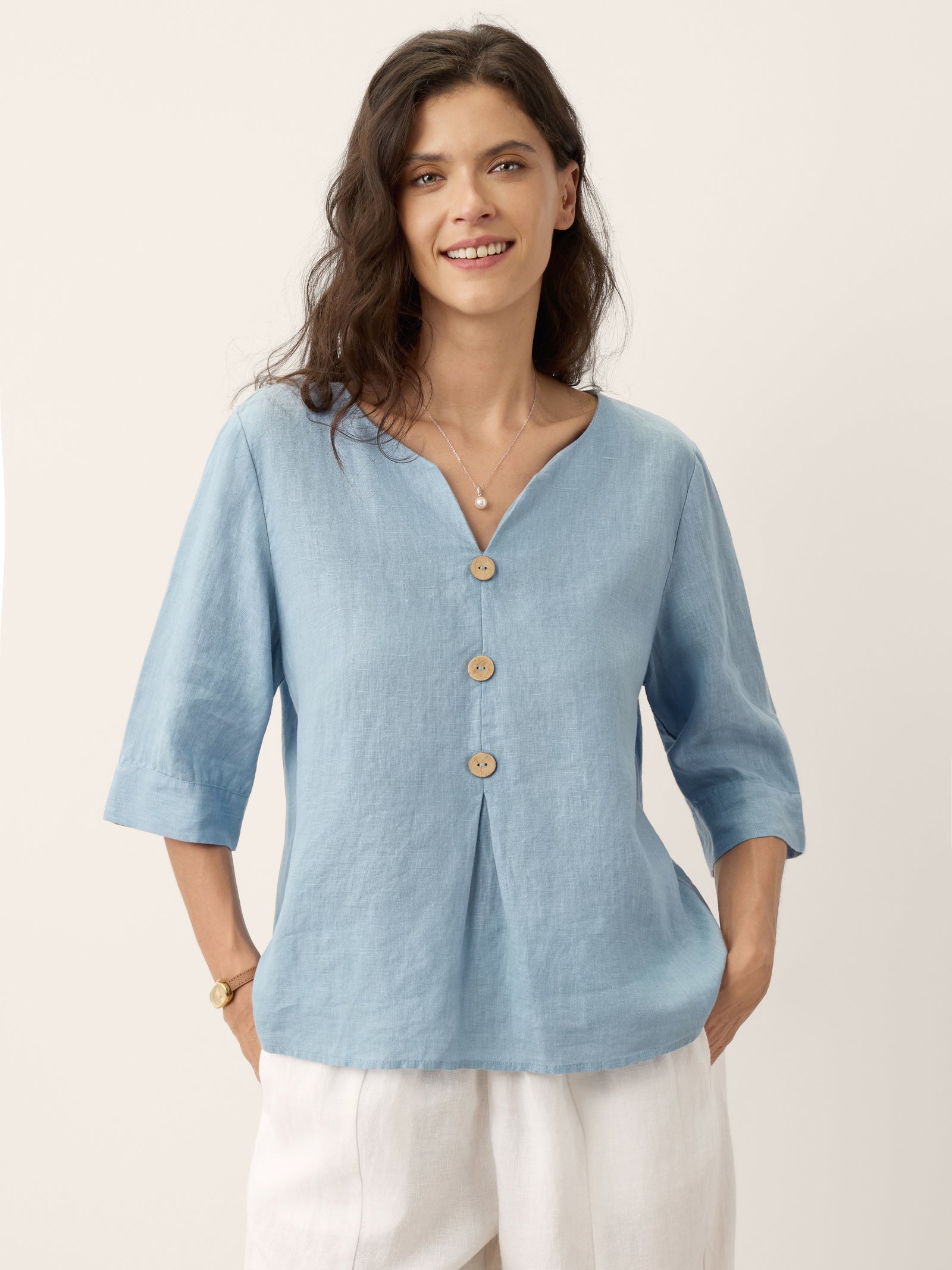 100% Linen Split Neck Inverted Pleat Top TABITHA by LINTICO