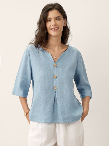 100% Linen Split Neck Inverted Pleat Top TABITHA by LINTICO