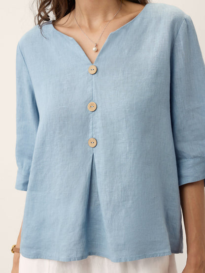 100% Linen Split Neck Inverted Pleat Top TABITHA by LINTICO