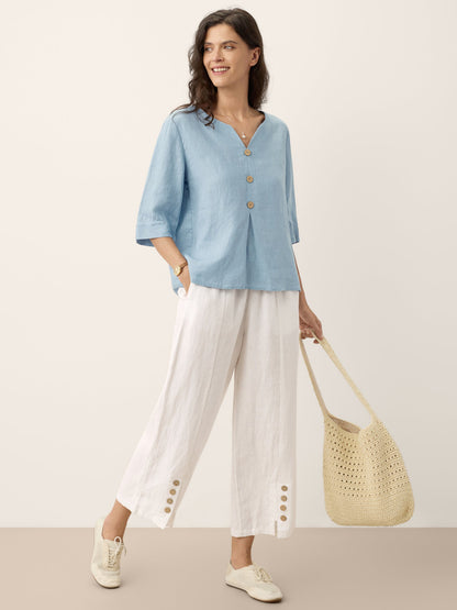 100% Linen Split Neck Inverted Pleat Top TABITHA by LINTICO