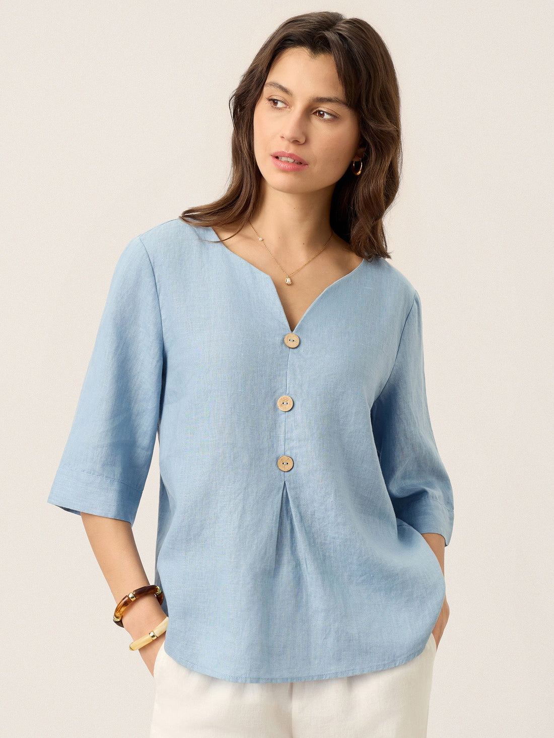 100% Linen Split Neck Inverted Pleat Top TABITHA by LINTICO