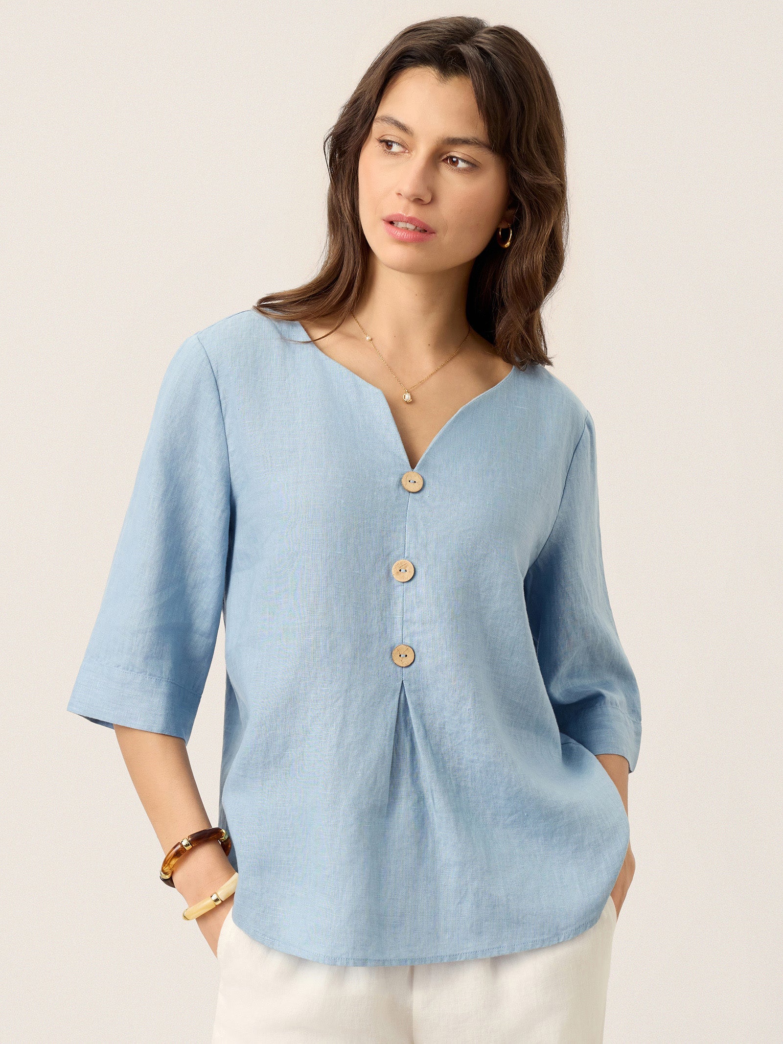 100% Linen Split Neck Inverted Pleat Top TABITHA by LINTICO
