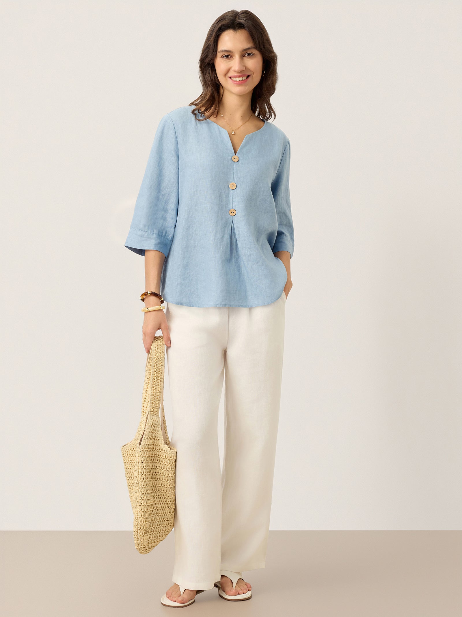 100% Linen Split Neck Inverted Pleat Top TABITHA by LINTICO