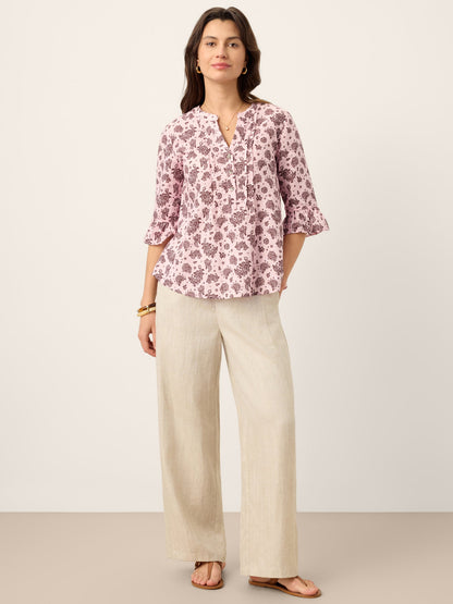 Linen Paisley Pintucked Ruffle-Cuff Curved Hem Blouse ILARIA by LINTICO
