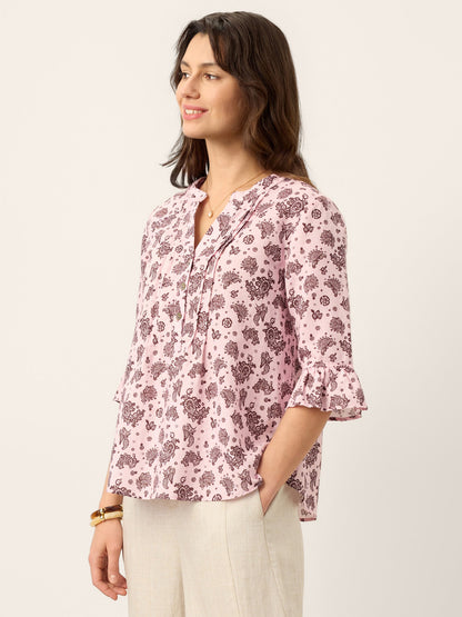 Linen Paisley Pintucked Ruffle-Cuff Curved Hem Blouse ILARIA by LINTICO