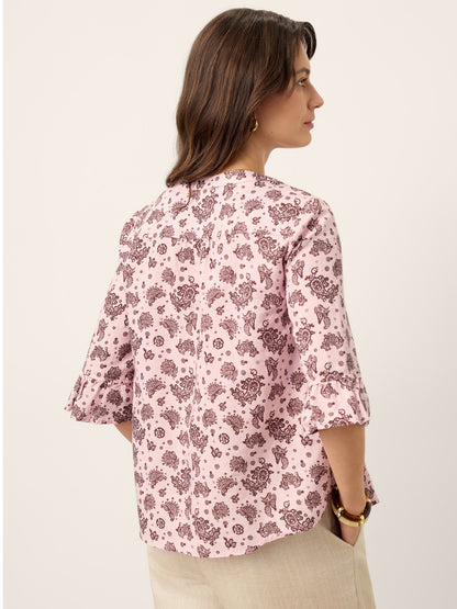 Linen Paisley Pintucked Ruffle-Cuff Curved Hem Blouse ILARIA by LINTICO
