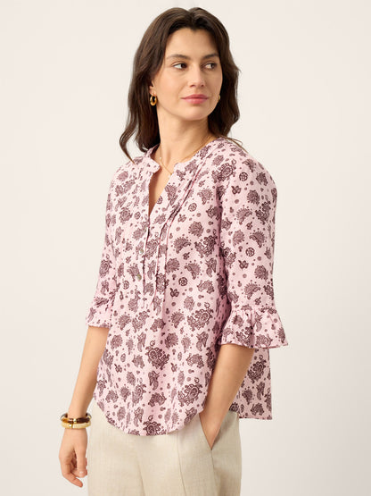 Linen Paisley Pintucked Ruffle-Cuff Curved Hem Blouse ILARIA by LINTICO