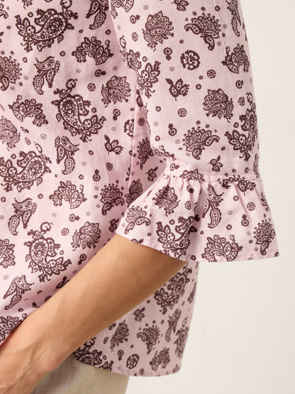 Linen Paisley Pintucked Ruffle-Cuff Curved Hem Blouse ILARIA by LINTICO