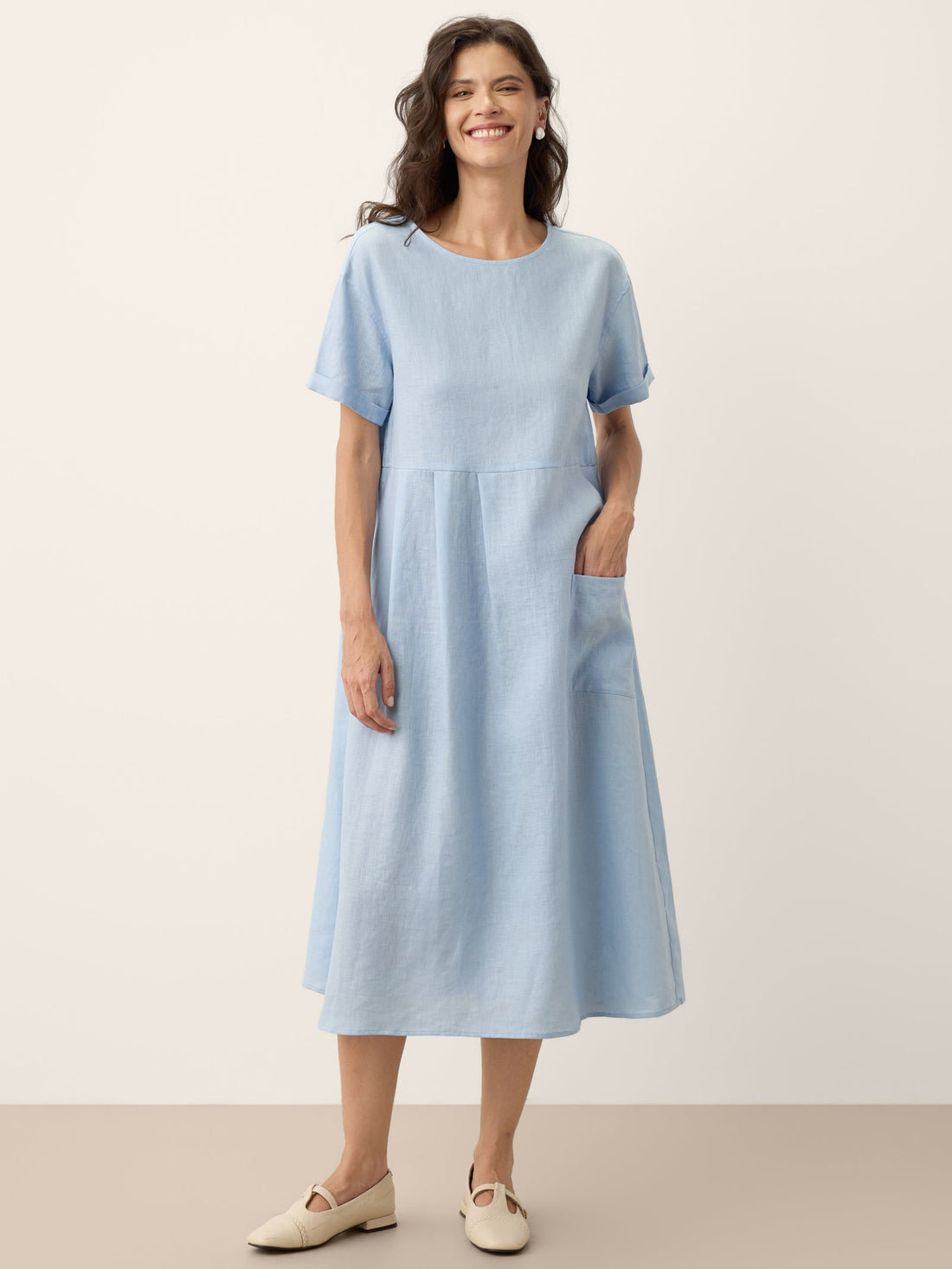 100% Linen Pinstripe Paneled Short-Sleeved Dress MORGAN by LINTICO