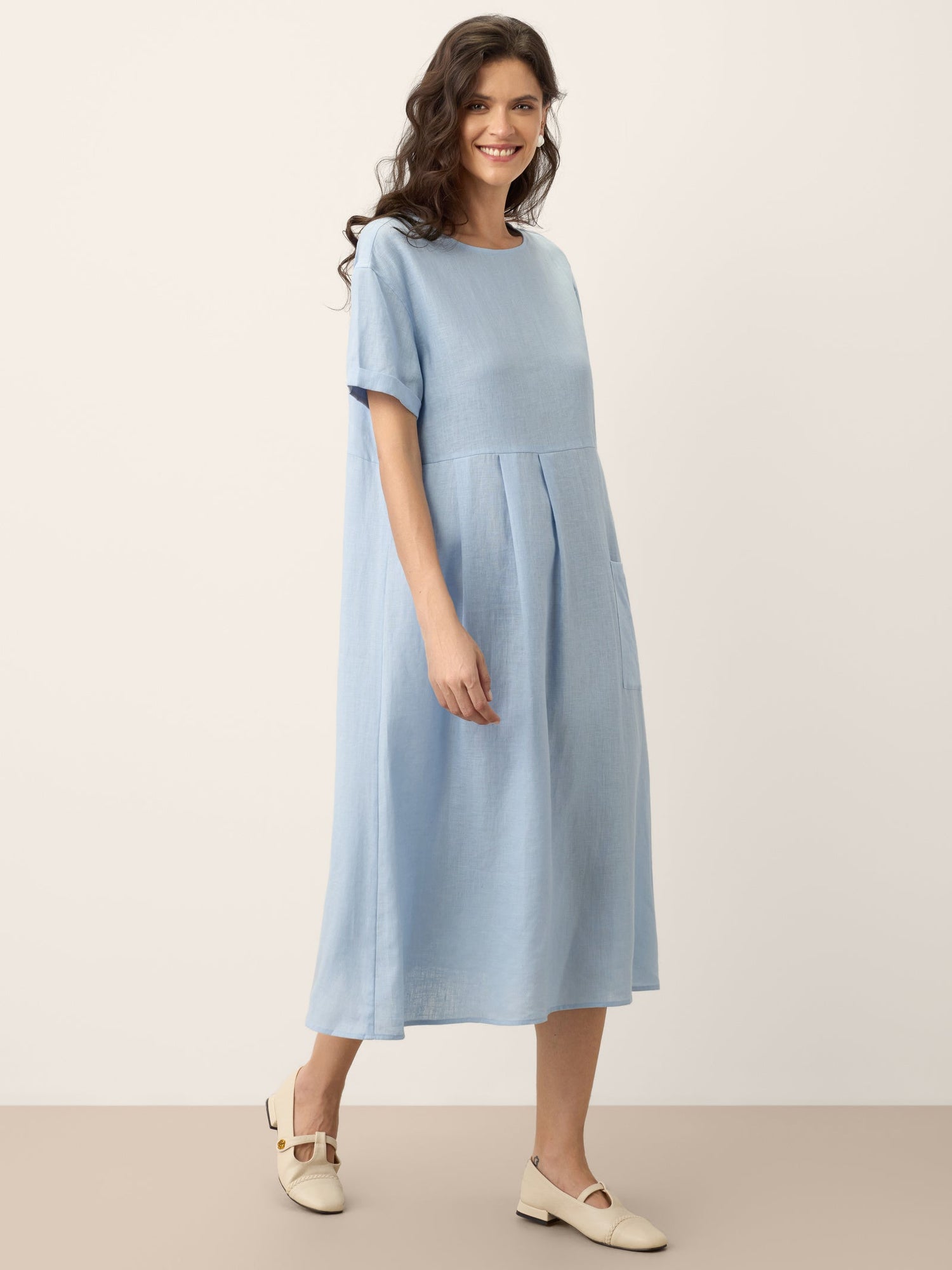 100% Linen Pinstripe Paneled Short-Sleeved Dress MORGAN by LINTICO