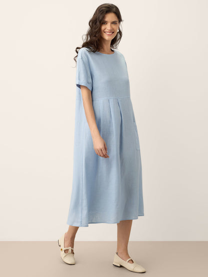 100% Linen Pinstripe Paneled Short-Sleeved Dress MORGAN by LINTICO