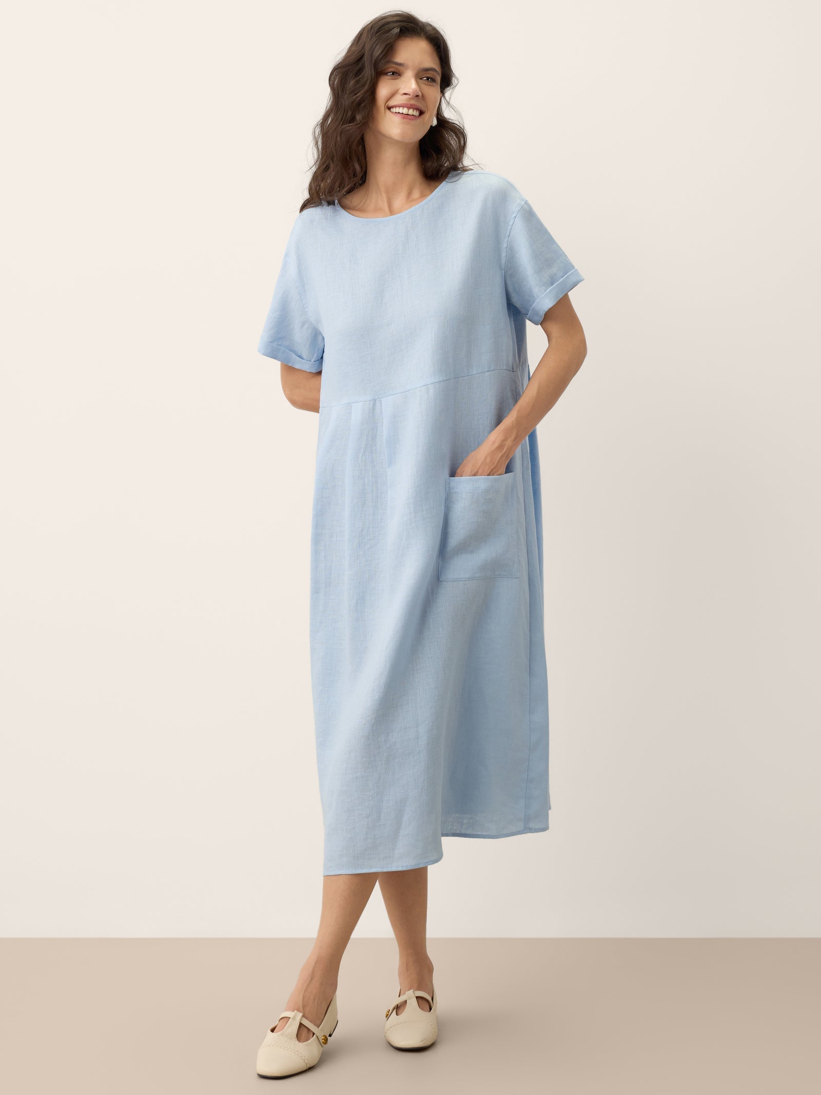100% Linen Pinstripe Paneled Short-Sleeved Dress MORGAN by LINTICO