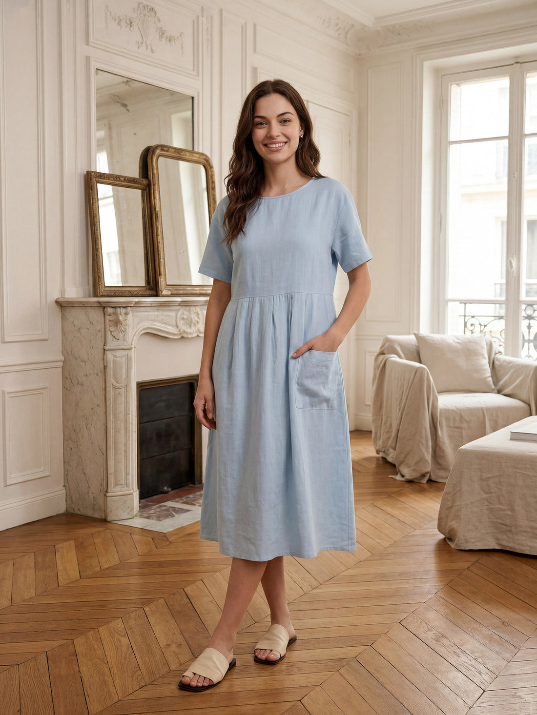 100% Linen Pinstripe Paneled Short-Sleeved Dress MORGAN by LINTICO