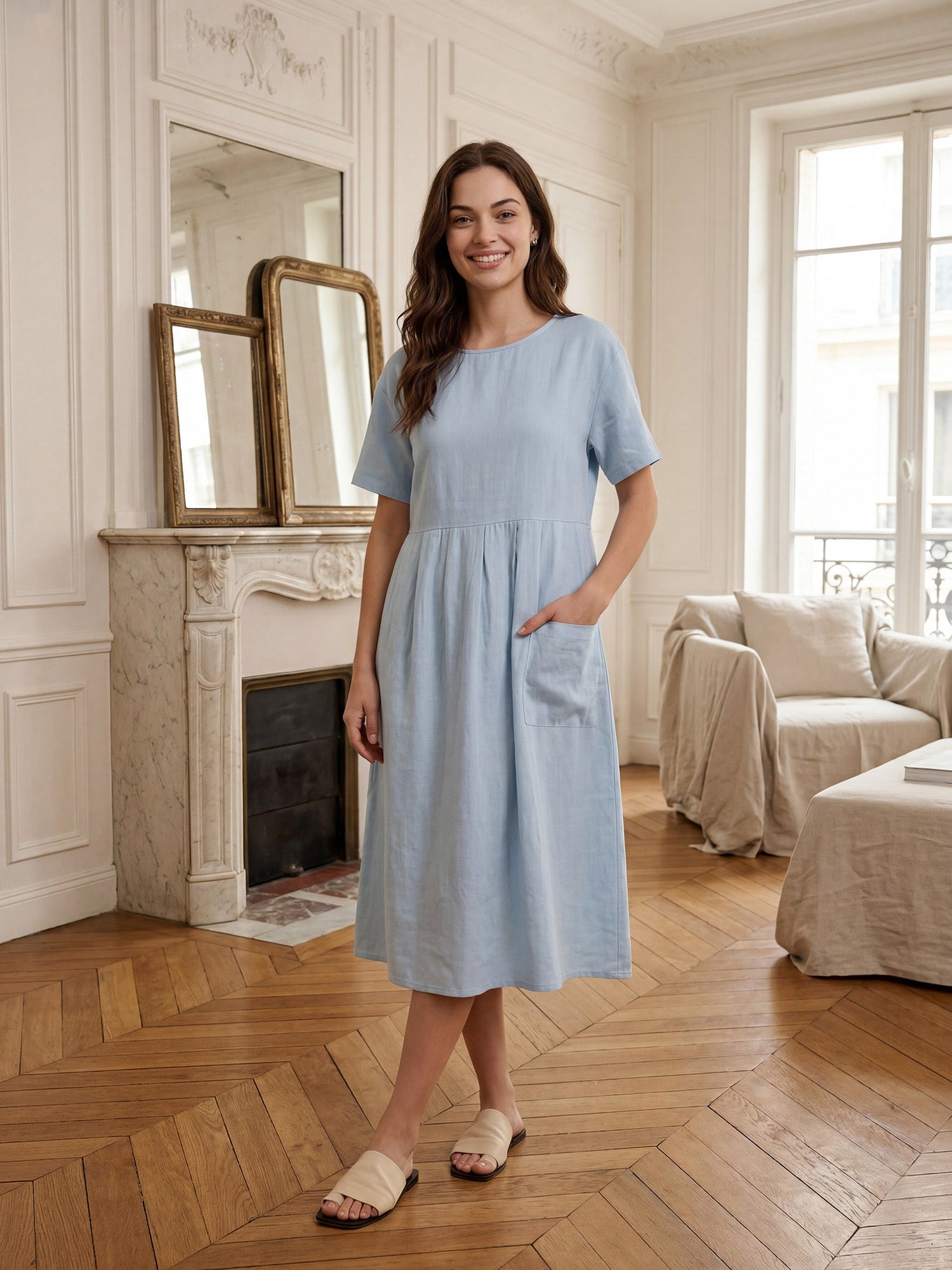 100% Linen Pinstripe Paneled Short-Sleeved Dress MORGAN by LINTICO
