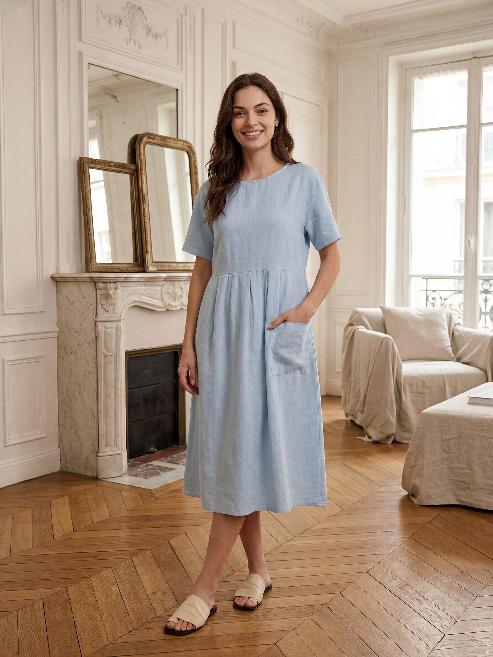 100% Linen Pinstripe Paneled Short-Sleeved Dress MORGAN by LINTICO