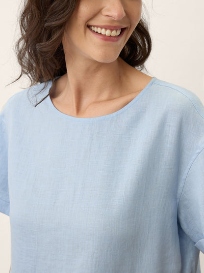 100% Linen Pinstripe Paneled Short-Sleeved Dress MORGAN by LINTICO