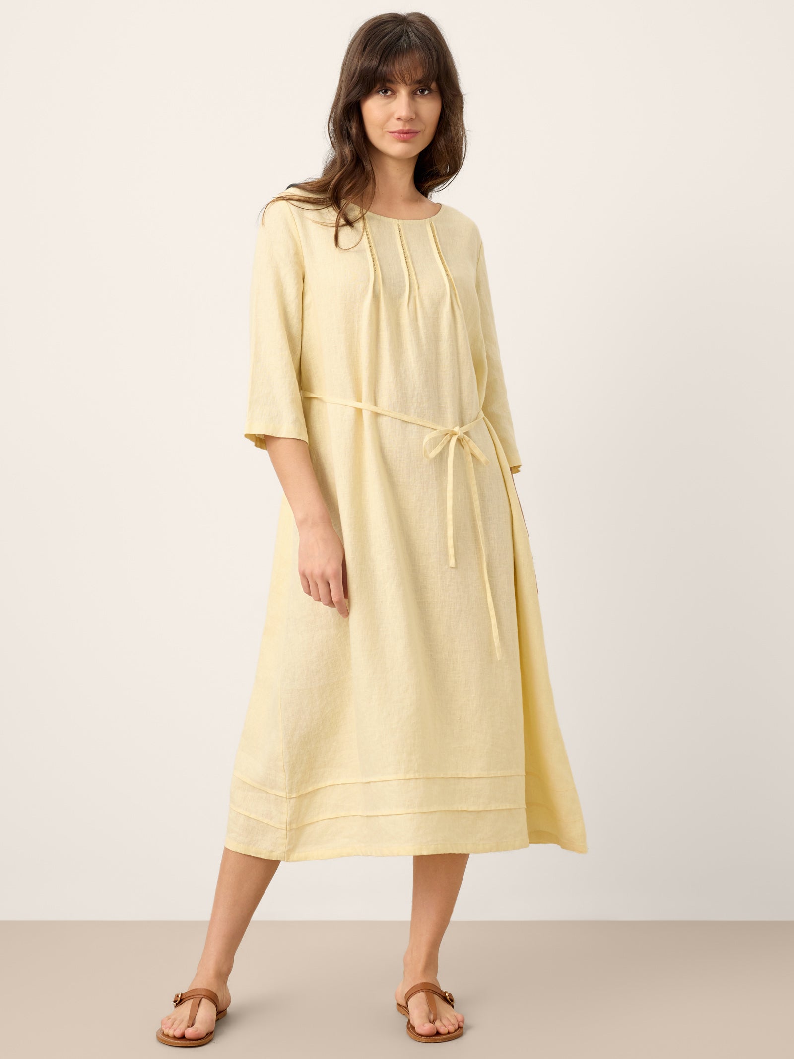 100% Linen Pintucked Embroidered Adjustable Belt Tiered Midi Dres VERENA by LINTICO