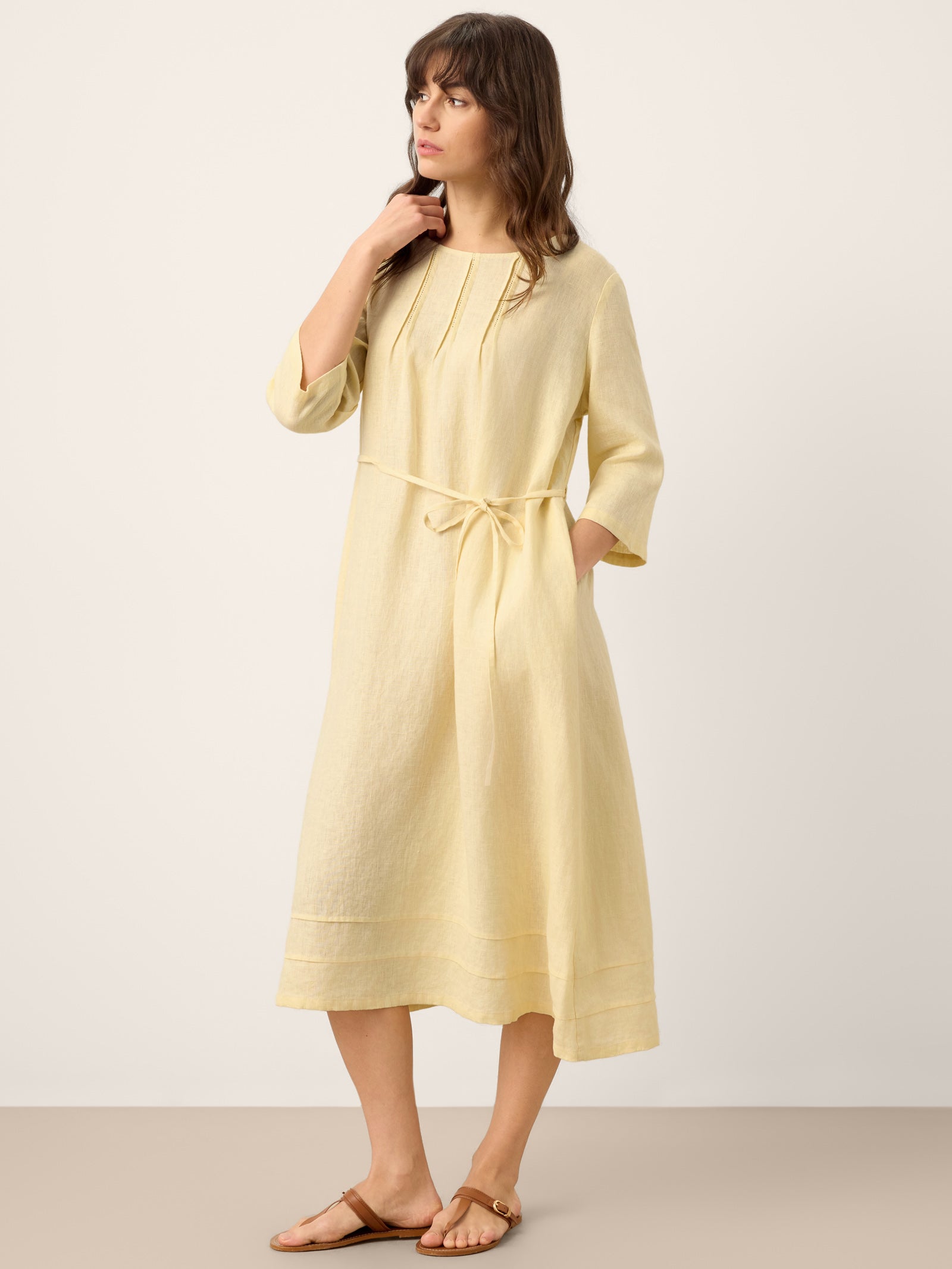 100% Linen Pintucked Embroidered Adjustable Belt Tiered Midi Dres VERENA by LINTICO