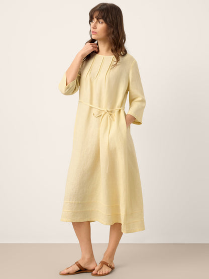 100% Linen Pintucked Embroidered Adjustable Belt Tiered Midi Dres VERENA by LINTICO