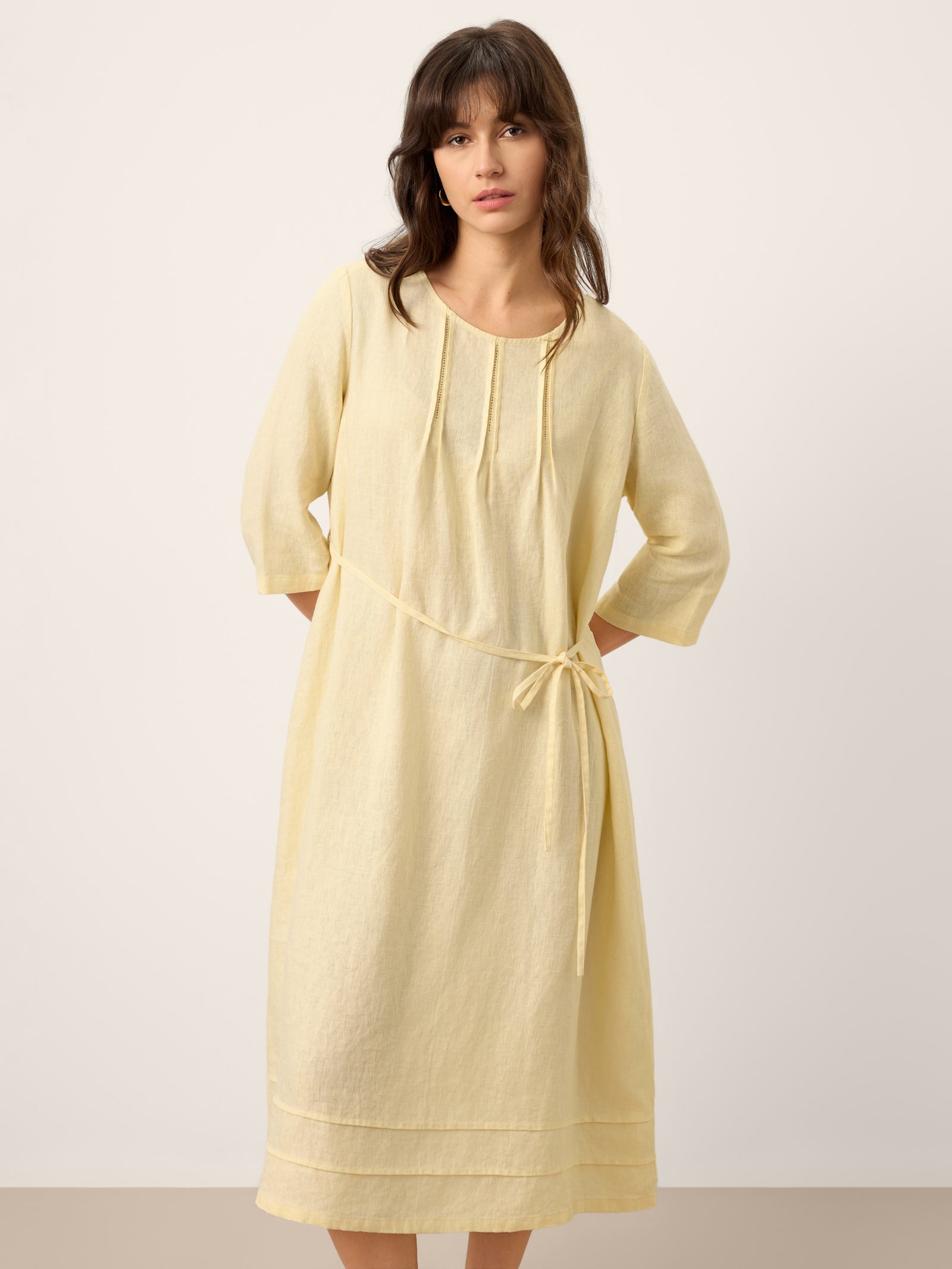 100% Linen Pintucked Embroidered Adjustable Belt Tiered Midi Dres VERENA by LINTICO