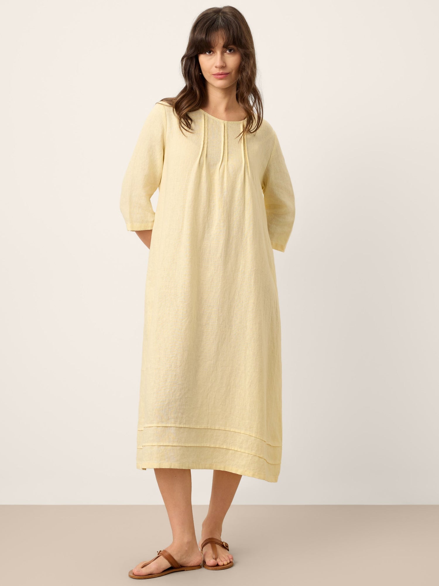 100% Linen Pintucked Embroidered Adjustable Belt Tiered Midi Dres VERENA by LINTICO