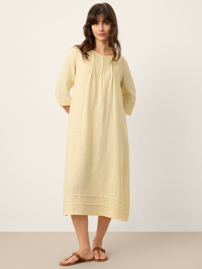 100% Linen Pintucked Embroidered Adjustable Belt Tiered Midi Dres VERENA by LINTICO