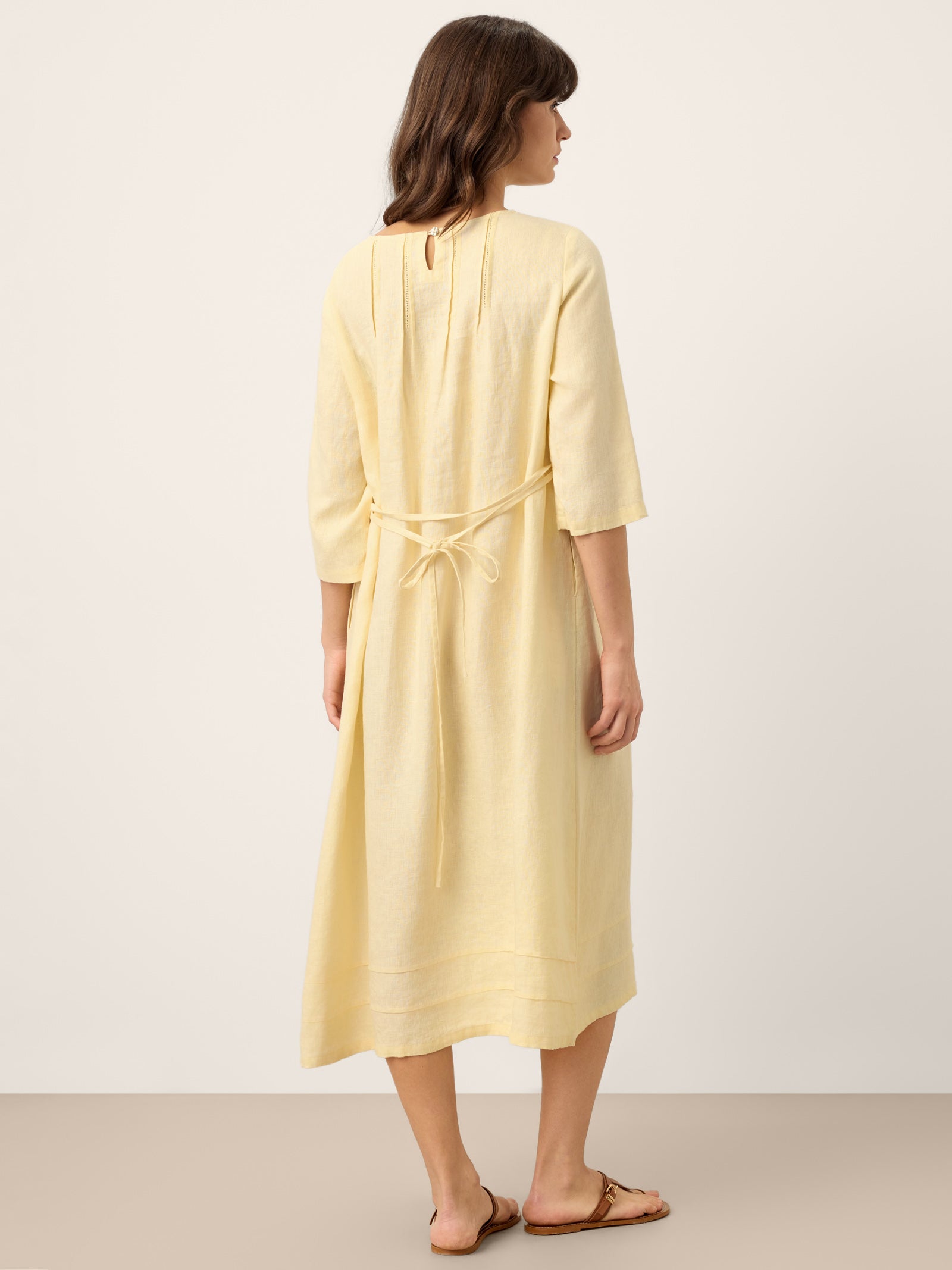 100% Linen Pintucked Embroidered Adjustable Belt Tiered Midi Dres VERENA by LINTICO