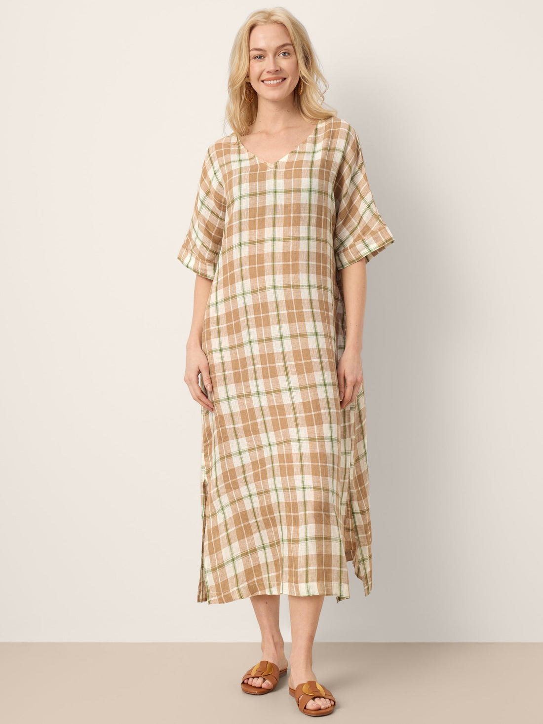 100% Linen Plaid Deep V-Neck Drop Shoulder Side Slit Midi Dress LESLIE by LINTICO