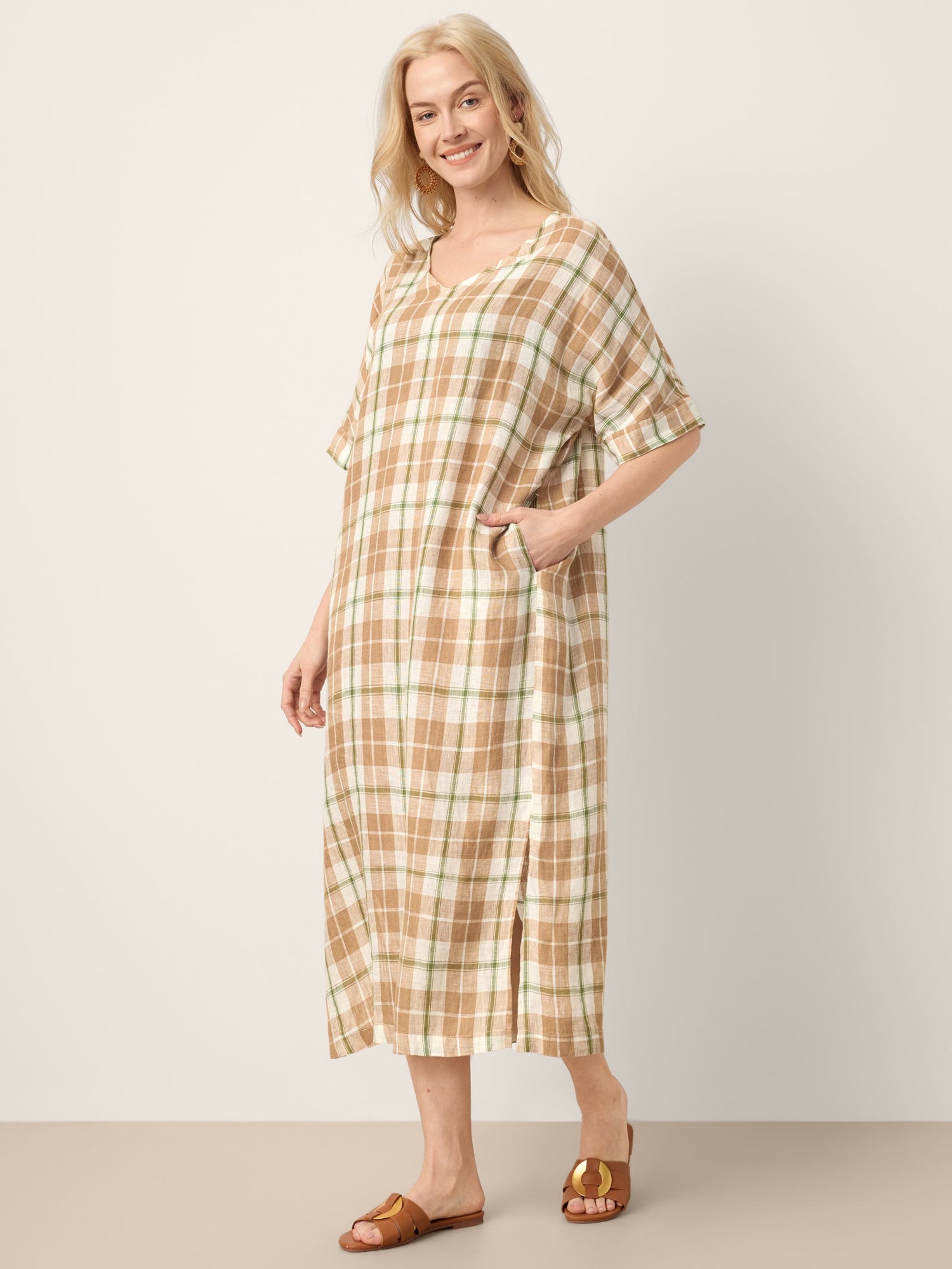 100% Linen Plaid Deep V-Neck Drop Shoulder Side Slit Midi Dress LESLIE by LINTICO