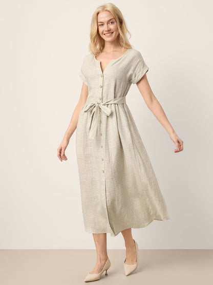 100% Linen Plaid Detachable Tie-Belt Button-Front Maxi Dress LARISSA by LINTICO