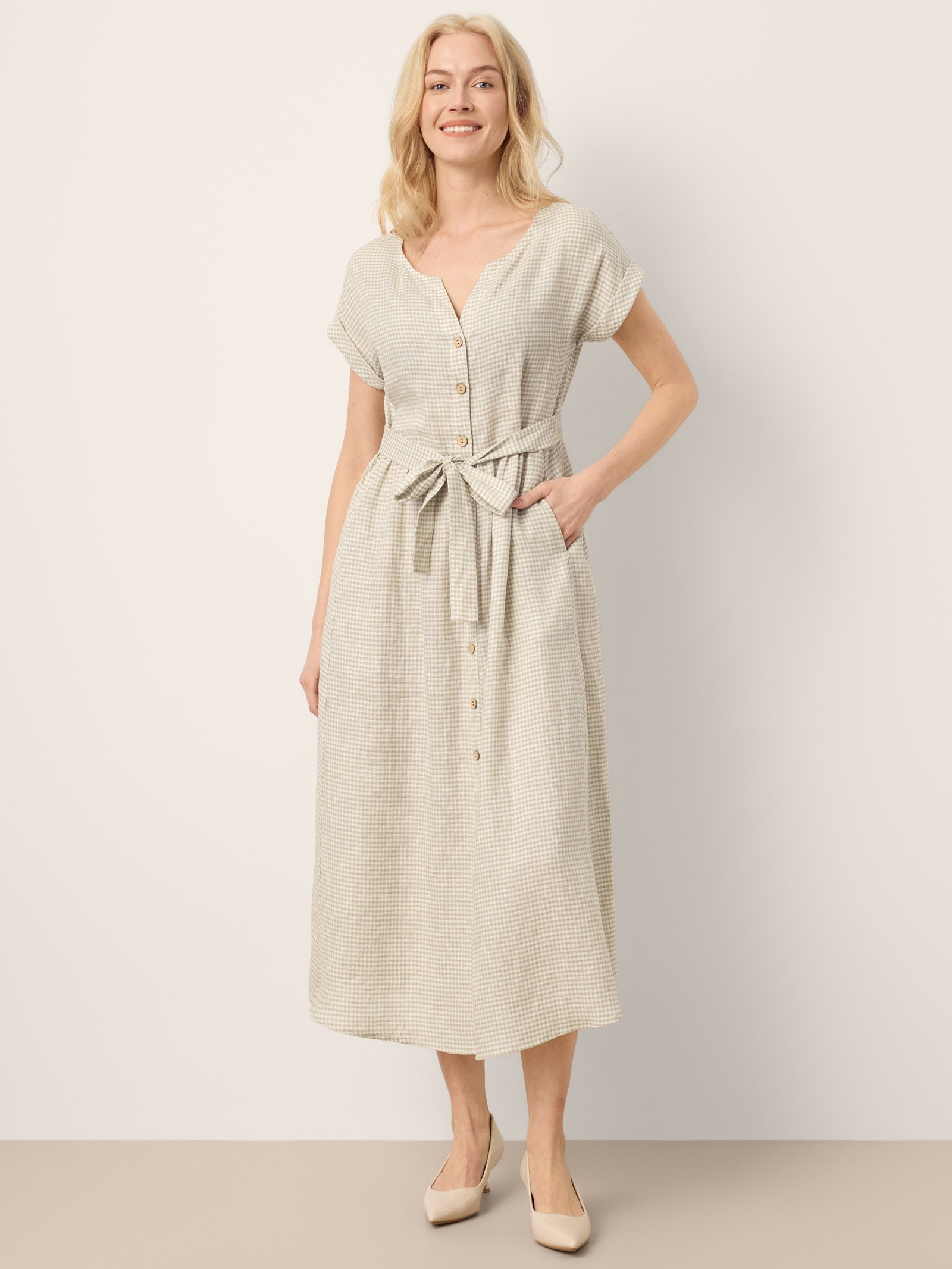 100% Linen Plaid Detachable Tie-Belt Button-Front Maxi Dress LARISSA by LINTICO