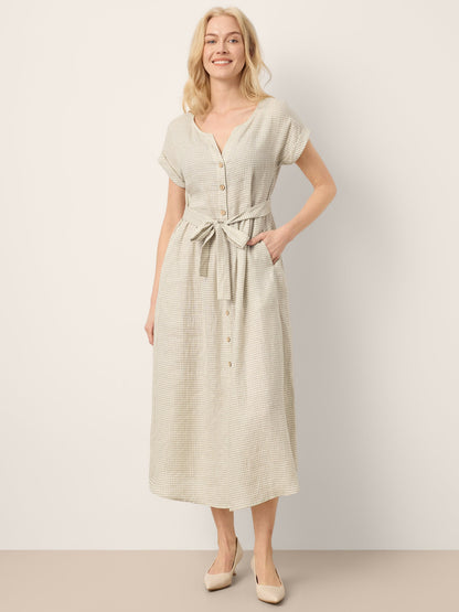 100% Linen Plaid Detachable Tie-Belt Button-Front Maxi Dress LARISSA by LINTICO