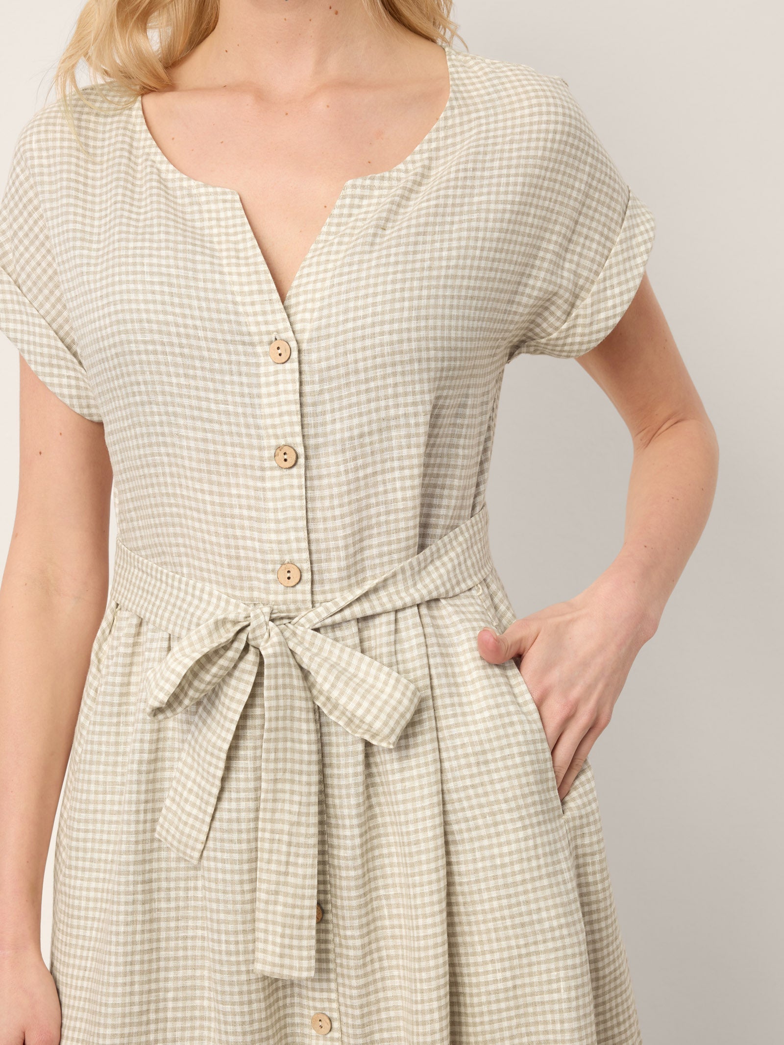 100% Linen Plaid Detachable Tie-Belt Button-Front Maxi Dress LARISSA by LINTICO