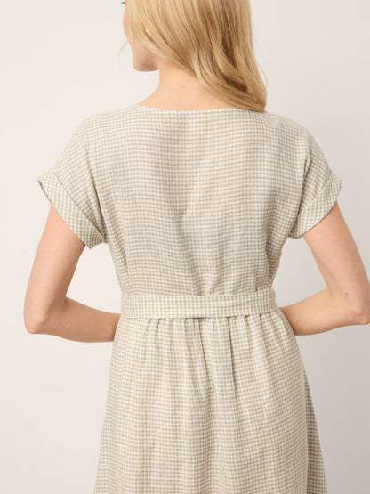 100% Linen Plaid Detachable Tie-Belt Button-Front Maxi Dress LARISSA by LINTICO