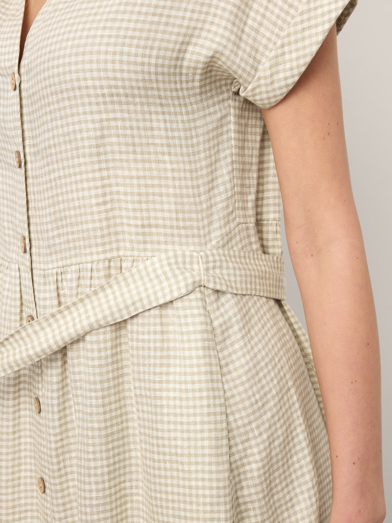 100% Linen Plaid Detachable Tie-Belt Button-Front Maxi Dress LARISSA by LINTICO