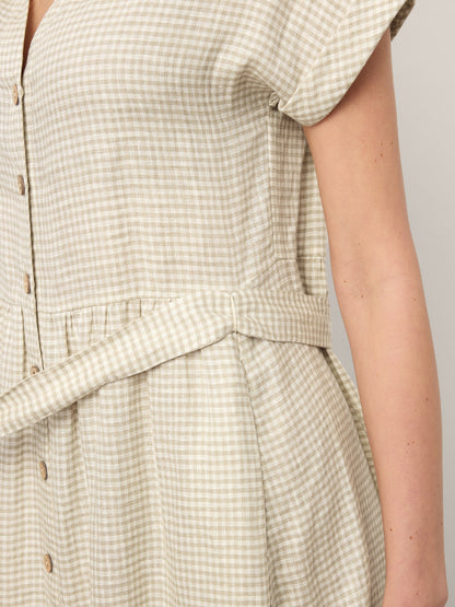 100% Linen Plaid Detachable Tie-Belt Button-Front Maxi Dress LARISSA by LINTICO