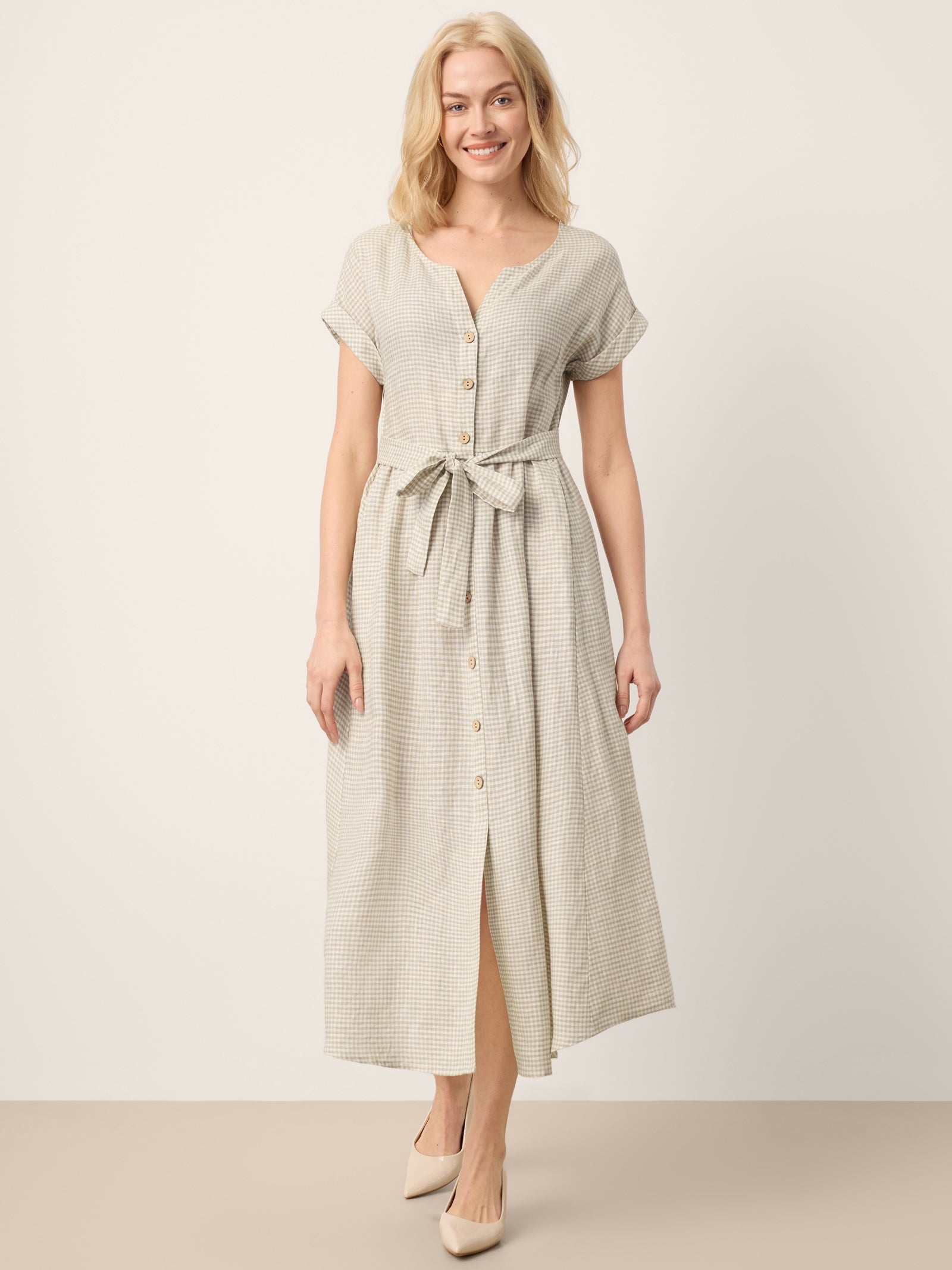 100% Linen Plaid Detachable Tie-Belt Button-Front Maxi Dress LARISSA by LINTICO