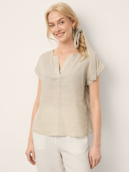 100% Linen Plaid Detachable Tie-Belt Split-Neck Top LEXIE by LINTICO