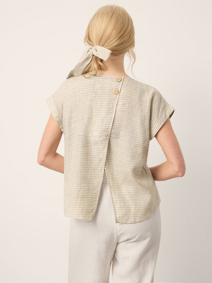 100% Linen Plaid Detachable Tie-Belt Split-Neck Top LEXIE by LINTICO
