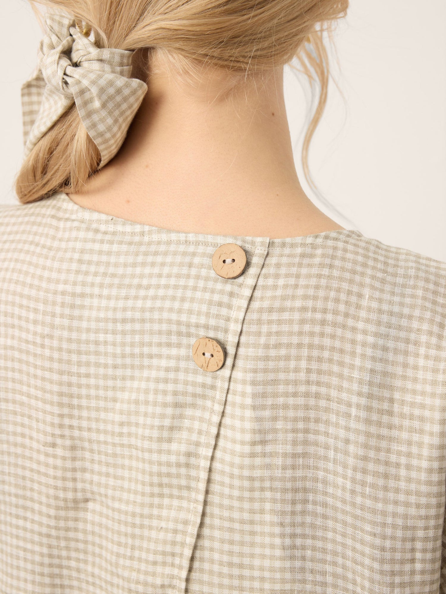 100% Linen Plaid Detachable Tie-Belt Split-Neck Top LEXIE by LINTICO