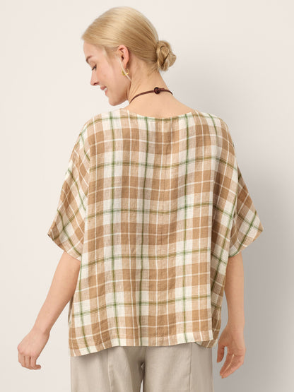 100% Linen Plaid Drop Shoulder Side Slit Top LORNA by LINTICO