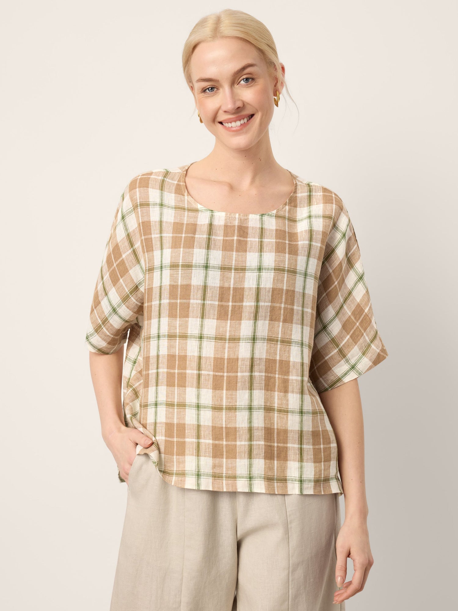 100% Linen Plaid Drop Shoulder Side Slit Top LORNA by LINTICO