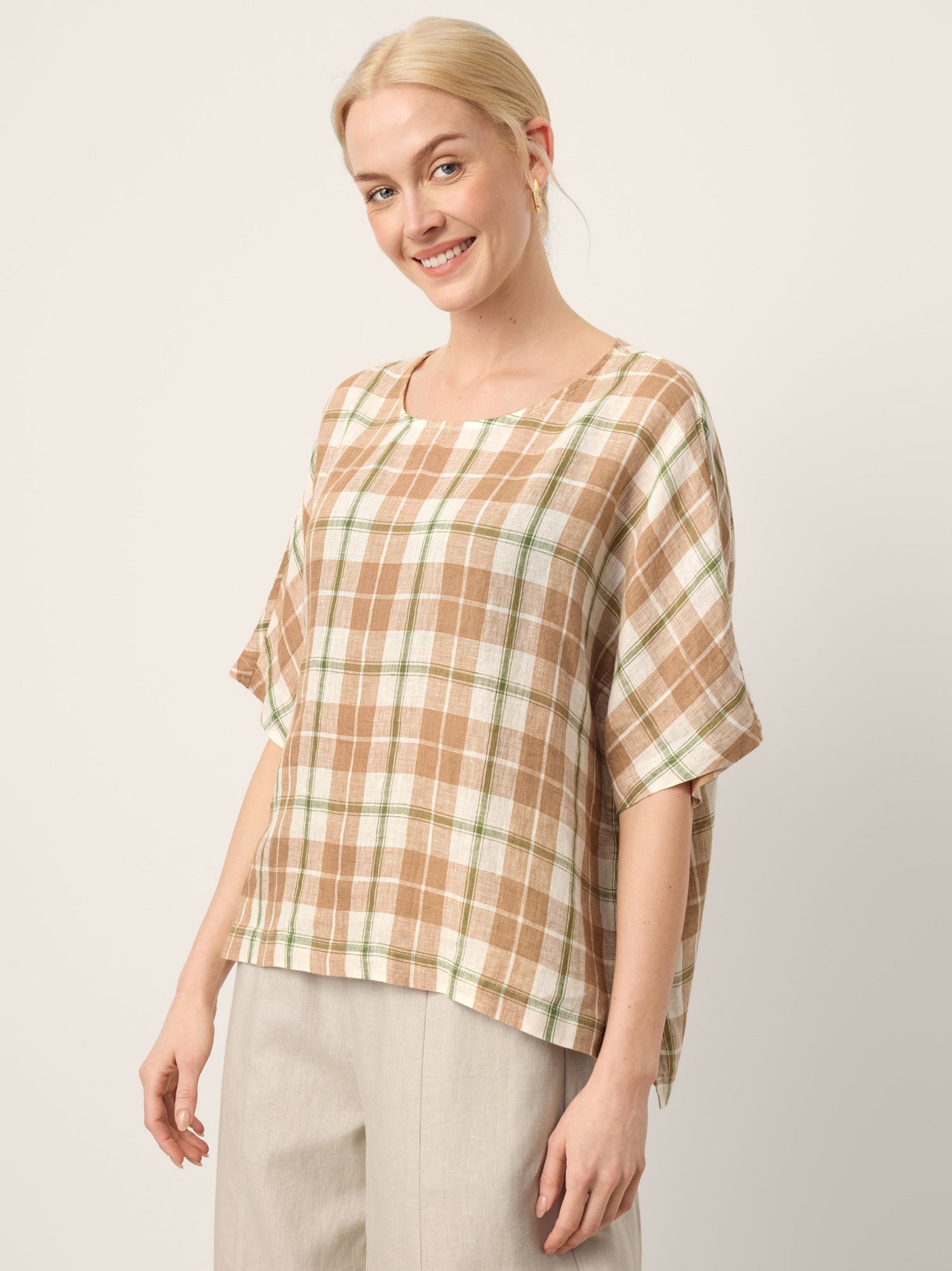 100% Linen Plaid Drop Shoulder Side Slit Top LORNA by LINTICO