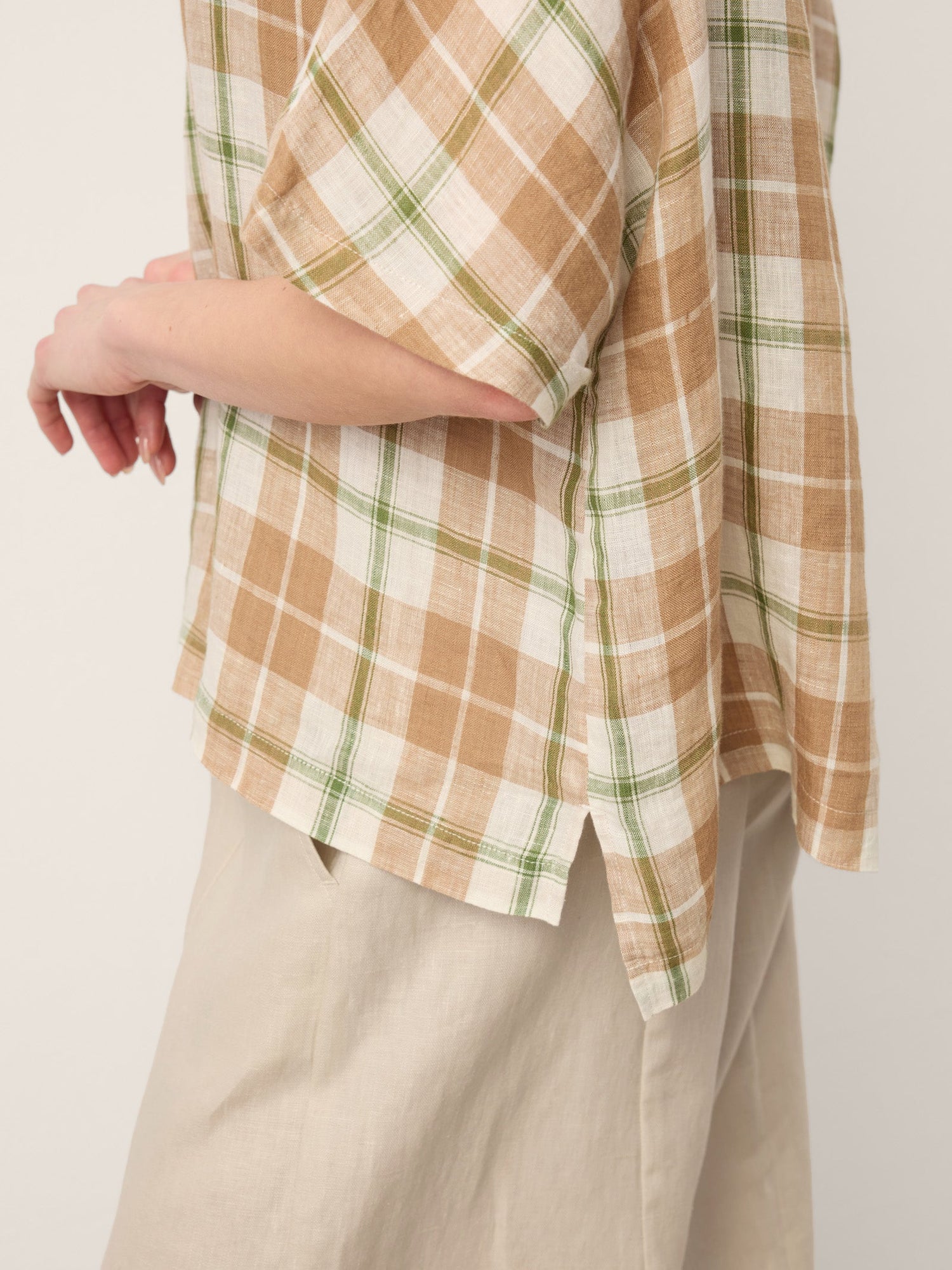 100% Linen Plaid Drop Shoulder Side Slit Top LORNA by LINTICO